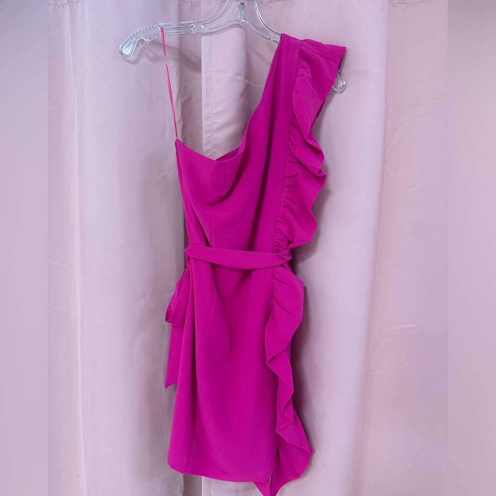 Pink Ruched One Shoulder Cocktail Dress